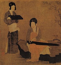 Zhou Fang. Court Ladies Tuning the Lute (28x75) Nelson-Atkins Museum of Art, Kansas City (cropped)