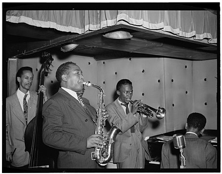 (Portrait of Charlie Parker, Tommy Potter, Miles Davis, Duke Jordan, and Max Roach, Three Deuces, New York, N.Y., ca. Aug. 1947) (LOC) (4843140781).jpg