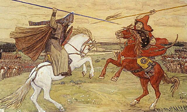 Duel of Peresvet with Chelubei, painting by Viktor Vasnetsov (1914)