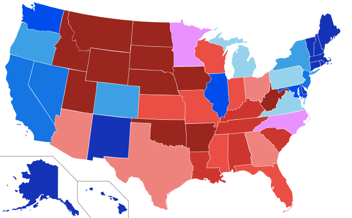 Incumbent House of Representative members by state. The darker the shade, the higher percentage of members of that party. Dark blue and red are 100% members of the party. Pink states are evenly split.