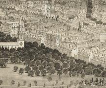 Overview of Common, with Park St. Church (left), across from the Masonic Temple on Tremont St., 1850