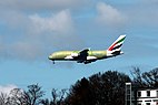 Airbus A380-800 landing in Hamburg Finkenwerder Airport to receive final paint-job.