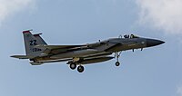 A US Air Force F-15C Eagle, tail number 81-0032, on final approach at Kadena Air Base in Okinawa, Japan.