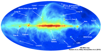 Eine radioastronomische Himmelsdurchmusterung zeigt prominent den Vela-­Supernovaüberrest.[19][20]