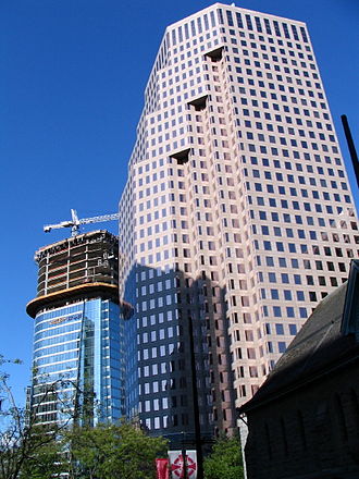 Vancouver Financial District, with '666 Burrard Street' landmark skyscraper (foreground) and the Bentall 5 tower (left), circa 2006. 666 Burrard.JPG