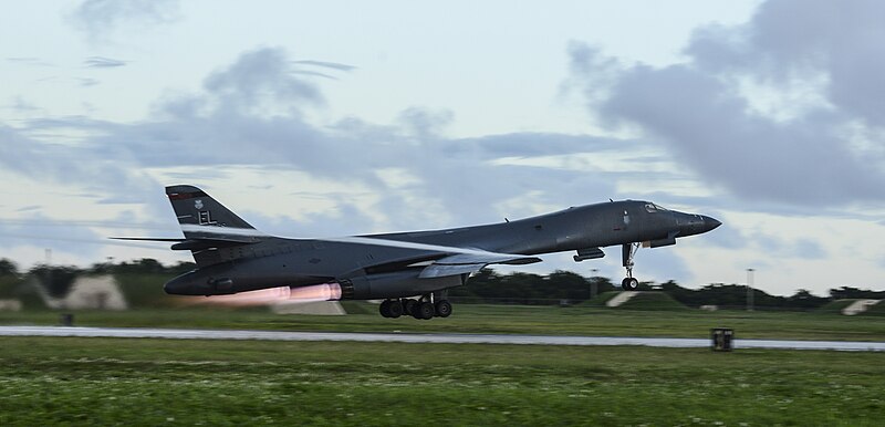 File:A U.S. Air Force B-1B Lancer assigned to the 34th Expeditionary Bomb Squadron, deployed from Ellsworth Air Force Base, S.D., takes off Oct. 25, 2016, at Andersen AFB, Guam (161025-F-IX728-058).jpg