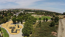 Aerial View of Memorial Park, including play area, ball field and BMX track