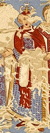 Mural in Qusayr 'Amra depicting an Axumite king from the first half of the eighth century. Aksumite king, Qusayr Amra.jpg