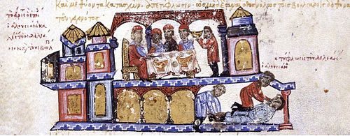 Alusian invites Peter Delyan to a banquet and has him blinded. Miniature from the Skylitzes Chronicle.