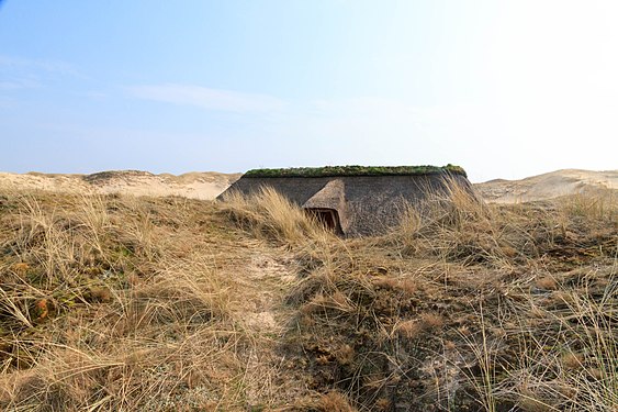 English: Nebel, Amrum, Schleswig-Holstein, replica of iron age house (interior) in the dunes, erected in 2014 Deutsch: Nebel, Amrum, Innenraum eines Eisenzeitlichen Hauses (Nachbau), 2014 errichtet