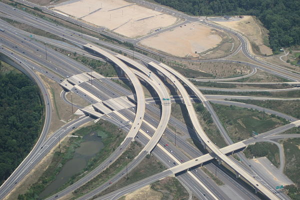 I-95/I-495 and I-295 interchange in Maryland seen from the air above the Potomac River, 2012