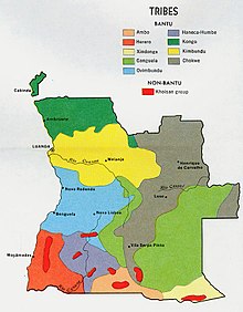 Ethnical map of Angola (Ambundu area marked yellow) Angola tribes 1970.jpg