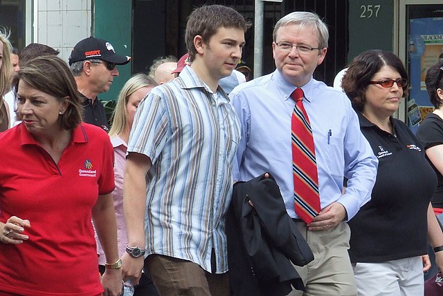 Labour Day 2007. From left to right: Anna Bligh (then Deputy Premier of Queensland), Rudd's son Nicholas, Kevin Rudd and Grace Grace (then general sec