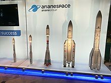 Mockups of all the launch vehicles that Arianespace markets as of 2017: Vega, Vega-C, Soyuz, Ariane 5, and the future Ariane 6. Arianespace mockups (37108595462).jpg
