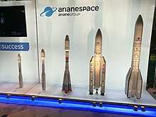 Mockups of the launch vehicles that Arianespace marketed in 2017: Vega, Vega C, Soyuz-2, Ariane 5, and Ariane 6. Sales of Vega, Soyuz-2 and Ariane 5 were later discontinued. Arianespace mockups (37108595462).jpg