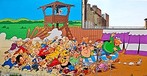 Les Gaulois du village d'Astérix, ainsi que plusieurs invités, envahissent un camp romain. Fresque située au 33 rue de la Buanderie, à Bruxelles.