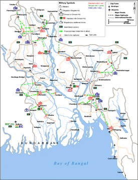 Indian Army High Command plan of operations in Bangladesh in August 1971. A generic representation, some unit locations are not shown. Ban71augdraft.PNG