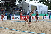 Deutsch: Beachhandball Europameisterschaften 2019 (Beach handball Euro); Tag 6: 7. Juli 2019 – Spiel um Platz Drei, Männer, Ungarn-Russland 2:0 (26:20, 23:22) English: Beach handball Euro; Day 6: 7 July 2019 – Men's Bronze Medal Match – Hungary-Russia 2:0 (26:20, 23:22)