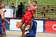 Deutsch: Beachhandball Europameisterschaften 2019 (Beach handball Euro); Tag 6: 7. Juli 2019 – Platzierungsspiele Rang 13-16 Männer, Rumänien-Serbien 2:0 (21:18, 22:20) English: Beach handball Euro; Day 6: 7 July 2019 – Placement Match 13–16 Men – Romania-Serbia 2:0 (21:18, 22:20)