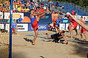 Deutsch: Beachhandball Europameisterschaften 2019 (Beach handball Euro); Tag 1: 2. Juli 2019 – Männer, Vorrunde Gruppe D, Polen-Schweden 2:1 (18:10, 15:9; 8:6) English: Beach handball Euro; Day 1: 2 July 2019 – Men Preliminary Round Group D – Poland-Sweden 2:1 (18:10, 15:9; 8:6)