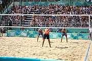 Deutsch: Beachvolleyball bei den Olympischen Jugendspielen 2018; Tag 11, 17. Oktober 2018; Jungen,Finale – Niederlande (Matthew Immers/Yorick de Groot)-Schweden (David Åhman/Jonatan Hellvig) 0:2 (20–22/15–21) English: Beach volleyball at the 2018 Summer Youth Olympics at 17 October 2018 – Final – Netherlands (Matthew Immers/Yorick de Groot)-Sweden (David Åhman/Jonatan Hellvig) 0:2 (20–22/15–21)