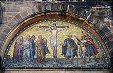 Crucifixion of Christ, on the facade of the cathedral, placed after 1888 instead of the sculpture on the left Bremen October 2012-1.jpg