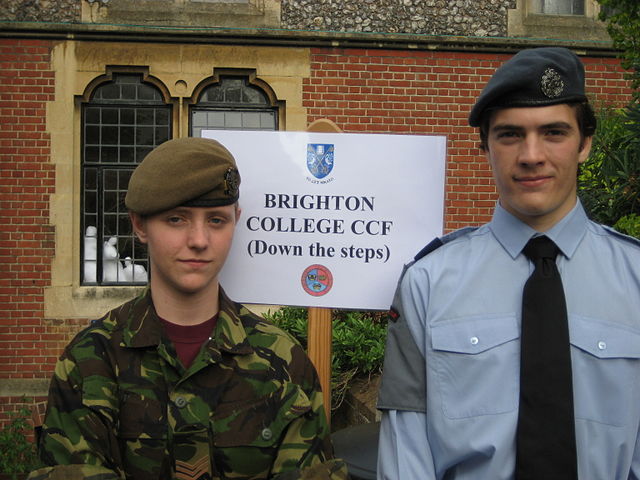 Brighton College CCF cadets in Army Section uniform left and RAF Section uniform right. Uniform berets have colours and cap badges of the armed forces