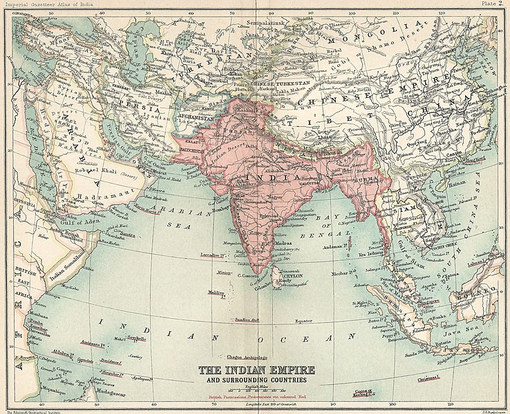 The British Raj and surrounding countries are shown in 1909