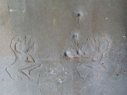 Bullet holes left by a shoot-out between the Khmer Rouge and Vietnamese forces at Angkor Wat