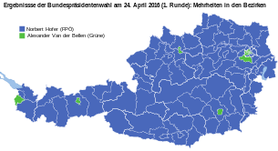 Results of the first round of the election by state (left), district (centre) and municipality (right): .mw-parser-output .col-begin{border-collapse:collapse;padding:0;color:inherit;width:100%;border:0;margin:0}.mw-parser-output .col-begin-small{font-size:90%}.mw-parser-output .col-break{vertical-align:top;text-align:left}.mw-parser-output .col-break-2{width:50%}.mw-parser-output .col-break-3{width:33.3%}.mw-parser-output .col-break-4{width:25%}.mw-parser-output .col-break-5{width:20%}@media(max-width:720px){.mw-parser-output .col-begin,.mw-parser-output .col-begin>tbody,.mw-parser-output .col-begin>tbody>tr,.mw-parser-output .col-begin>tbody>tr>td{display:block!important;width:100%!important}.mw-parser-output .col-break{padding-left:0!important}}   Norbert Hofer   Alexander Van der Bellen   Irmgard Griss   Rudolf Hundstorfer   Andreas Khol 