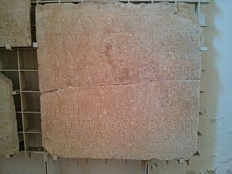 Inscription of Quintus Ranius Terentius Honoratianus Festus, CIL XI, 6164. CIL XI 6164 - Iscrizione di Quinto Ranio Terentio Honoratiano Festo.jpg