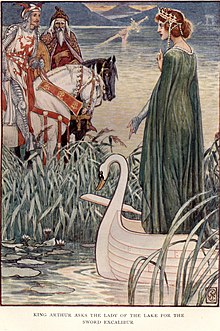 Le roi Arthur demande l'épée Excalibur à la Dame du Lac, illustration de Walter Crane, 1911.