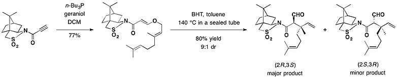 Camphorsultam was used as a chiral auxiliary in Claisen rearrangement. Camphorsultam 3.jpg