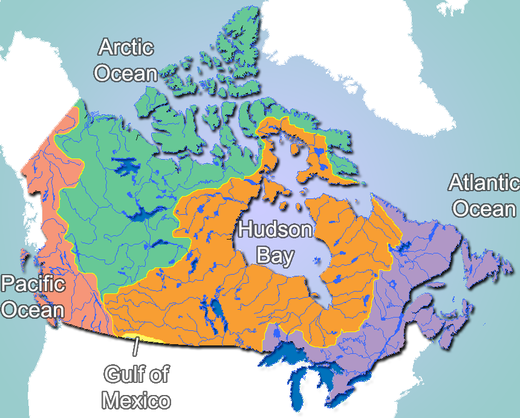 De stroomgebieden van Canada waarvan drie beginnen in het Columbia-ijsveld