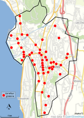 Carte en couleurs d'une ville avec des symboles représentant des giratoires.