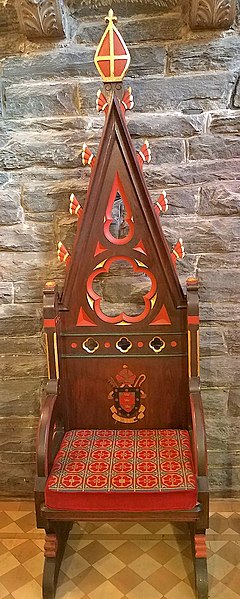 Cathedra (19th century) showing arms of the Episcopal Diocese of Pennsylvania, at the Church of the Good Shepherd (Rosemont, Pennsylvania)
