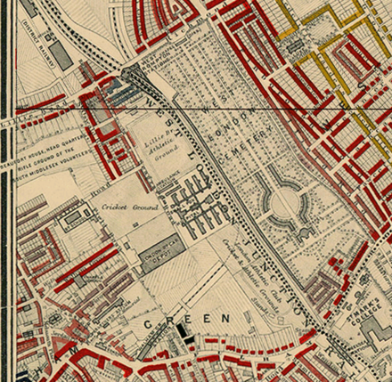Charles Booth 1889 map - detail showing Lillie Bridge, the two railway lines and Brompton Cemetery