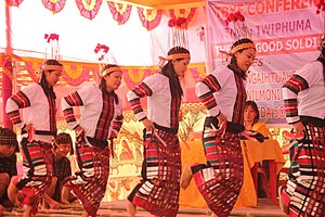 Cheraw dance is performed during Chapchar Kut. Cheraw jampui.jpg