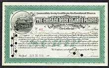 Fractional Share of the Chicago, Rock Island & Pacific Railway Company, issued 30. June 1898 Chicago, Rock Island & Pacific RW 1898.jpg