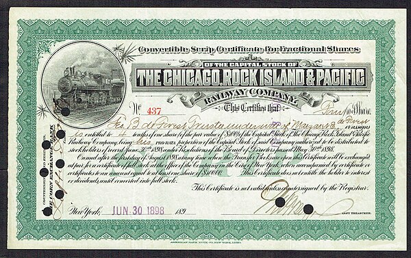 Fractional Share of the Chicago, Rock Island & Pacific Railway Company, issued 30. June 1898