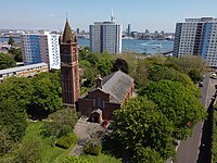 A birdseye view of the church looking over to Portsmouth Harbour