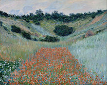 Claude Monet depicts the French countryside in Poppy Field in a Hollow near Giverny, an 1885 oil on canvas portrait Claude Monet - Poppy Field in a Hollow near Giverny - Google Art Project.jpg