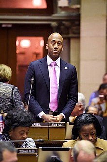 Clyde Vanel on the state assembly floor in Albany. Clyde Vanel on Assembly Floor.jpg