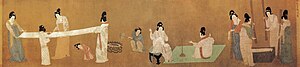 Ladies Preparing Silk; after Zhang Xuan; early 12th century; ink and colours on silk; 0.37 x 1.47 m;  Museum of Fine Arts (Boston, USA)[97]