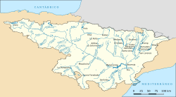 Az Ebro vízgyűjtője, a Najerilla a térkép bal oldali részén