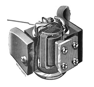 D'Arsonval/Weston galvanometer (ca. 1900). Part of the magnet's left pole piece is broken out to show the coil. D'Arsonval ammeter movement.jpg