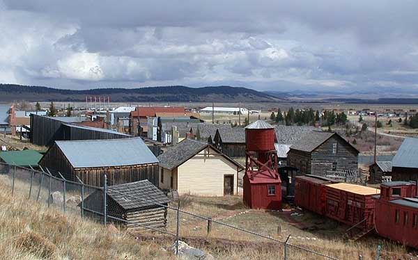 View of Fairplay and South Park looking south from State Highway 9. The historic buildings of South Park City, an open-air museum, are in the foregrou