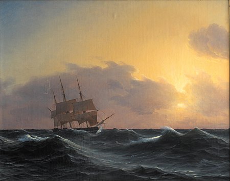 Dahl Fregat i en storm med rebede undersejl 1846.jpg