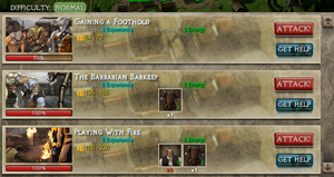 Selection interface in Dawn of the Dragons, each quest having different requirements and rewards Dawn of the Dragons Quest Page (cropped).PNG