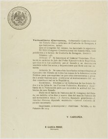 Venustiano Carranza disavows Victoriano Huerta's claim to the presidency Desconocimiento de Victoriano Huerta como Jefe del Poder Ejecutivo de la Republica.tif